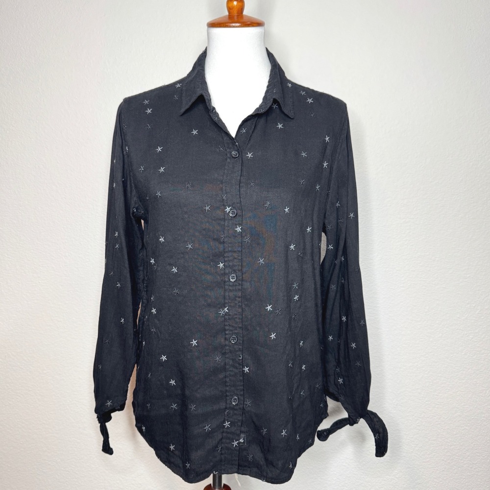 RAILS Robyn Blouse Shirt MED Black w. Embroidered Stars 3/4 Tie‎ Sleeves Linen